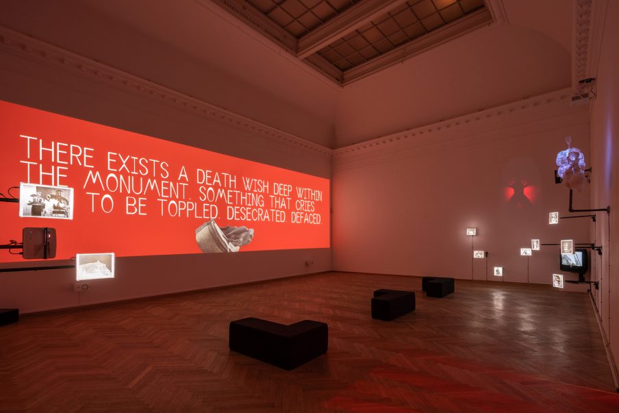 New Red Order, 'Culture Capture: Crimes Against Reality' 2020. Installation view New Red Order Presents: One if by Land, Two if by Sea. Kunsthal Charlottenborg 2022. Photo: David Stjernholm.
